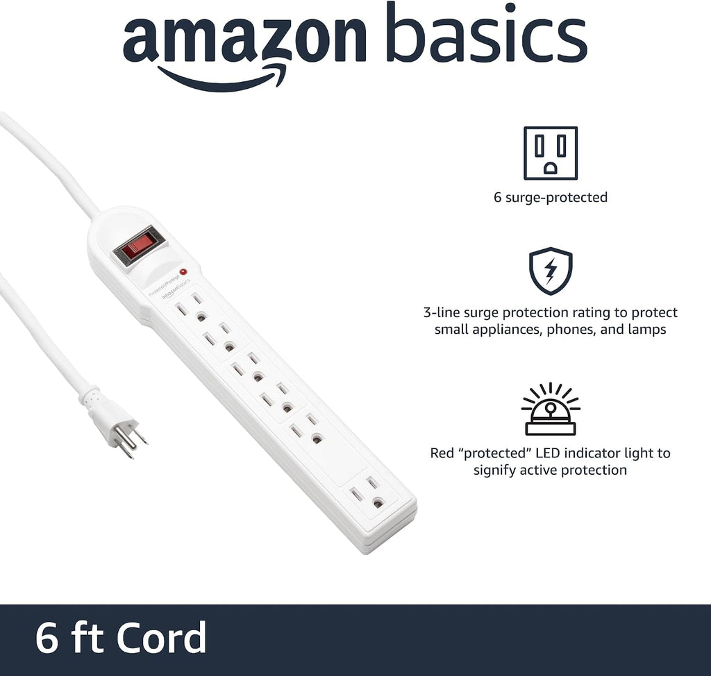 Amazon Basics Surge Protector Power Strip, 6-Outlet, 790 Joules, Circuit Breaker, LED Indicator Light, 6ft Extension Cord, Black