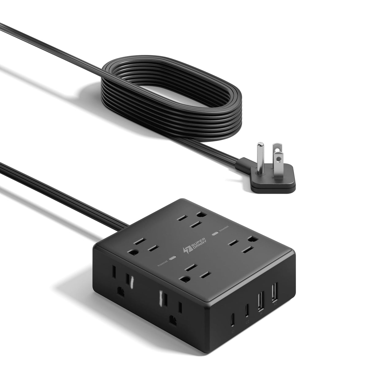 Extension Cord,Flat Plug Surge Protector Power Strip,10Ft | 8 AC & 4 USB Ports