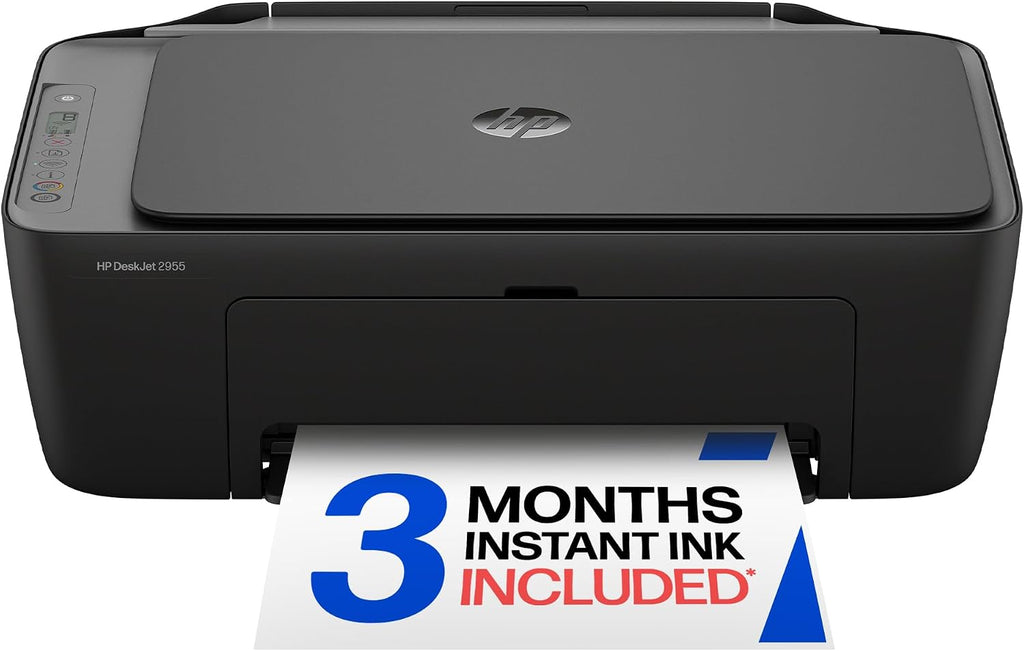 An HP printer shown on a white background with a printed insert that reads '3 MONTHS INSTANT INK INCLUDED'.