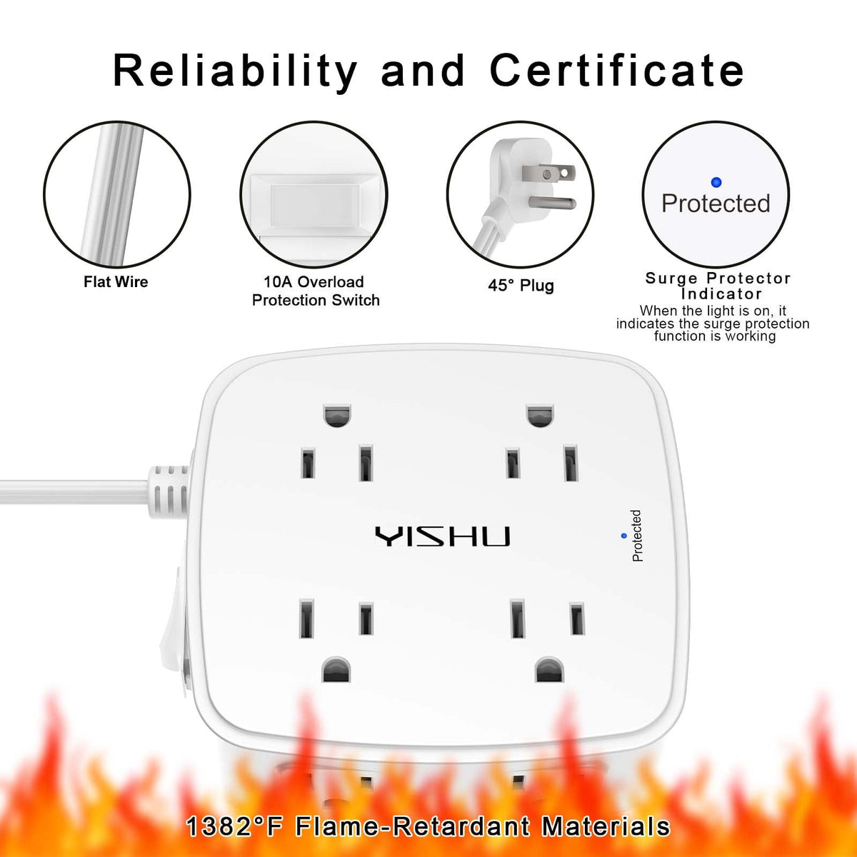 YISHU 6Ft Surge Protector Power Strip with 8 Widely Outlets & 4 USB Ports