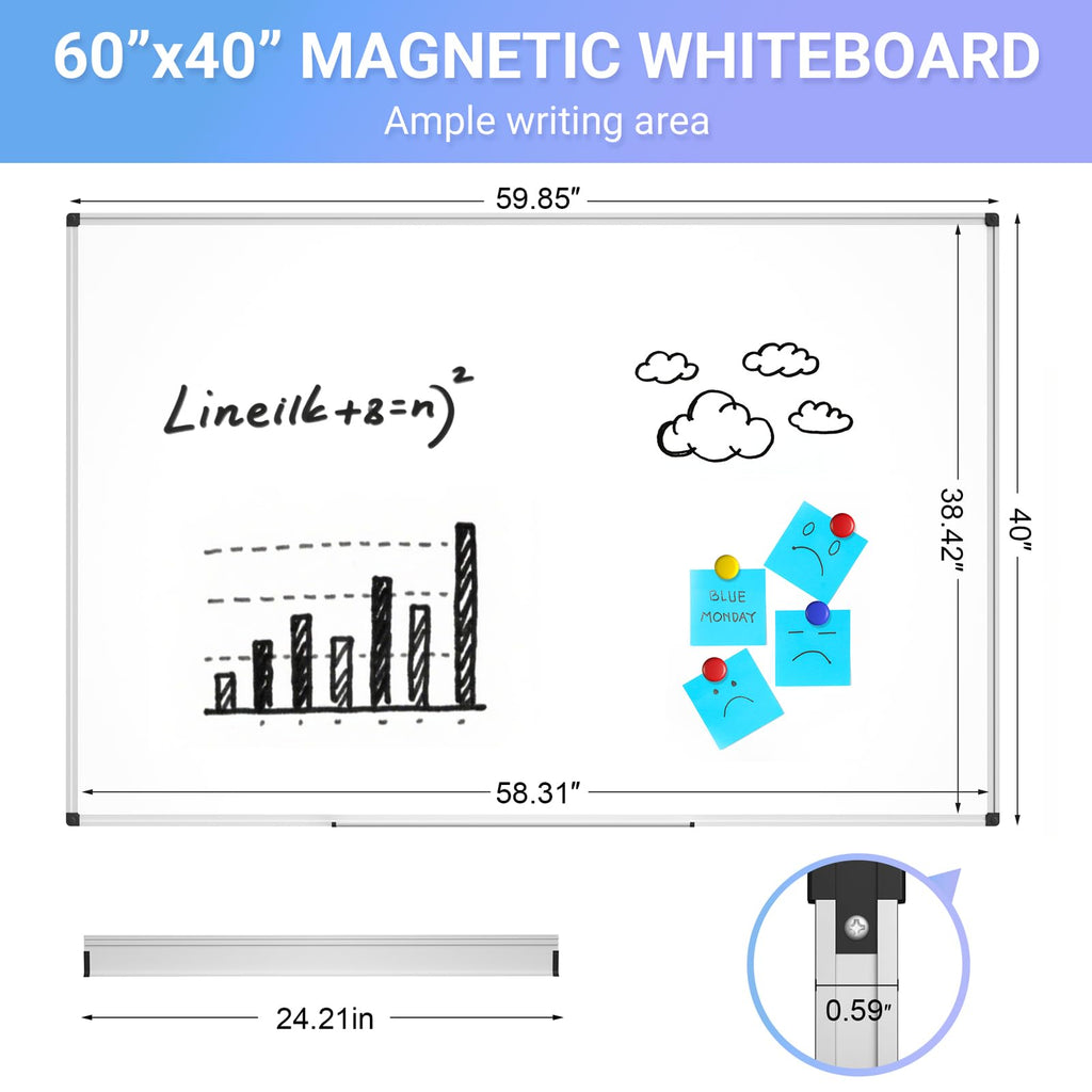 Magnetic Dry Erase Whiteboard, 46 x 33 Inch / 1 Magnetic Eraser, 2 Pens, Marker Tray, 6 Magnets