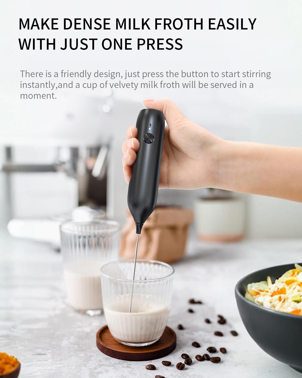 CIRCLE JOY Rechargeable Milk Frother Handheld, Dual Coil Whisk Head Electric Coffee Frother, Portable Hand Frother Wand Drink Mixer for Matcha Lattes Cappuccino, Kitchen Gifts, Black