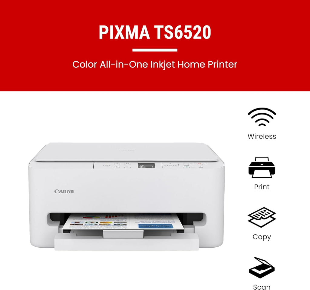 Canon PIXMA TS6520 color all-in-one inkjet home printer on a white background with red banner.