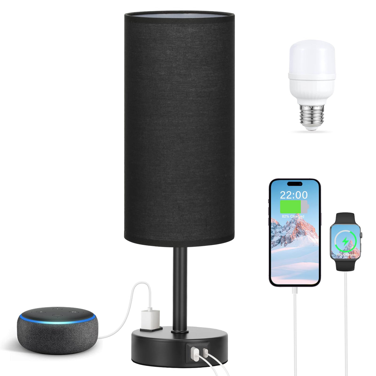 Bedside Table Lamp - Dimmable Touch, Wood-Grain Metal Base