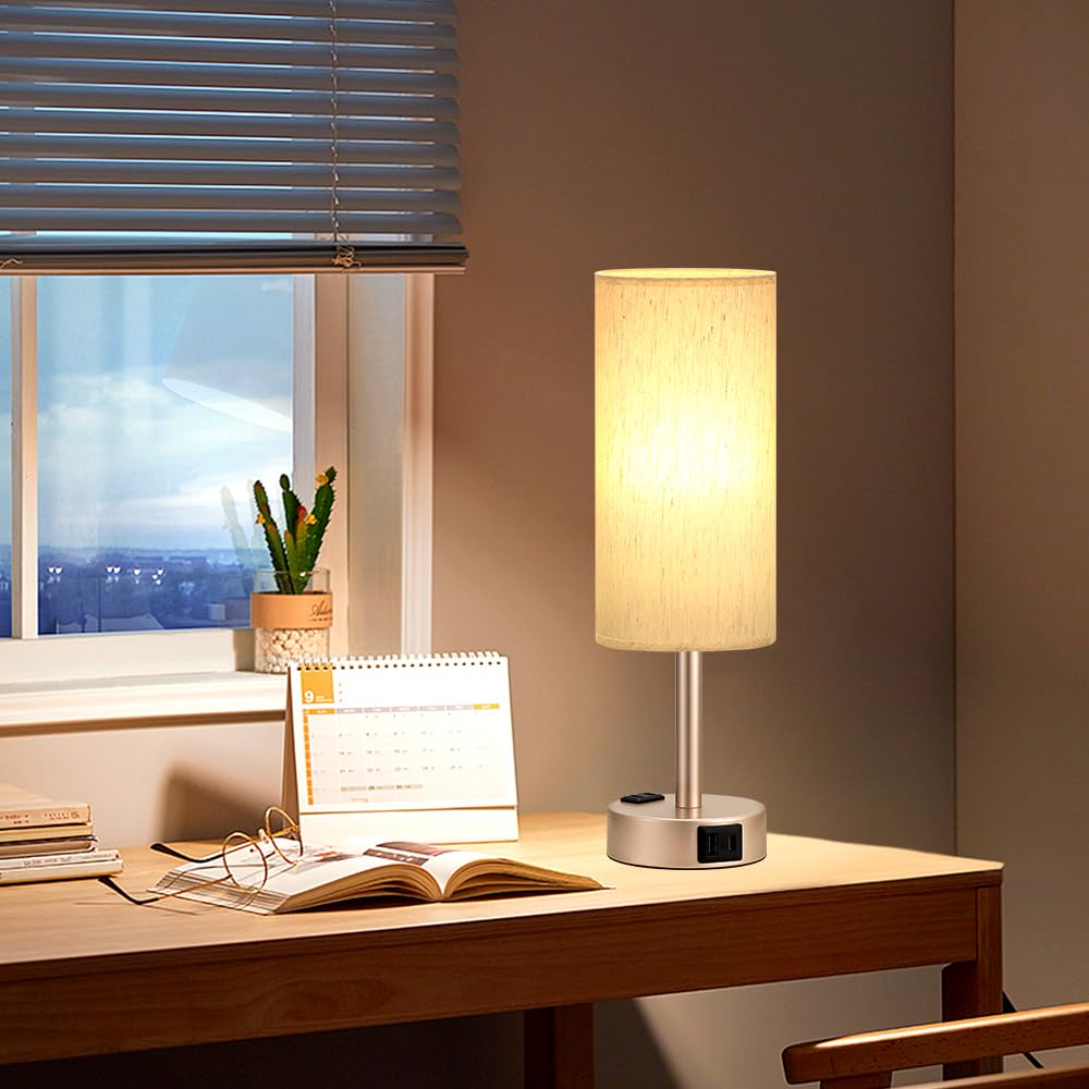 Bedside Table Lamp - Dimmable Touch, Wood-Grain Metal Base