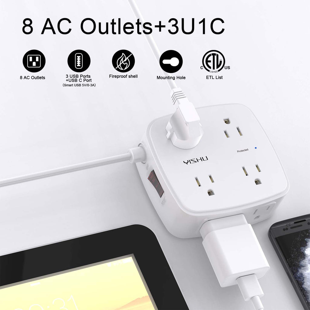 YISHU 6Ft Surge Protector Power Strip with 8 Widely Outlets & 4 USB Ports