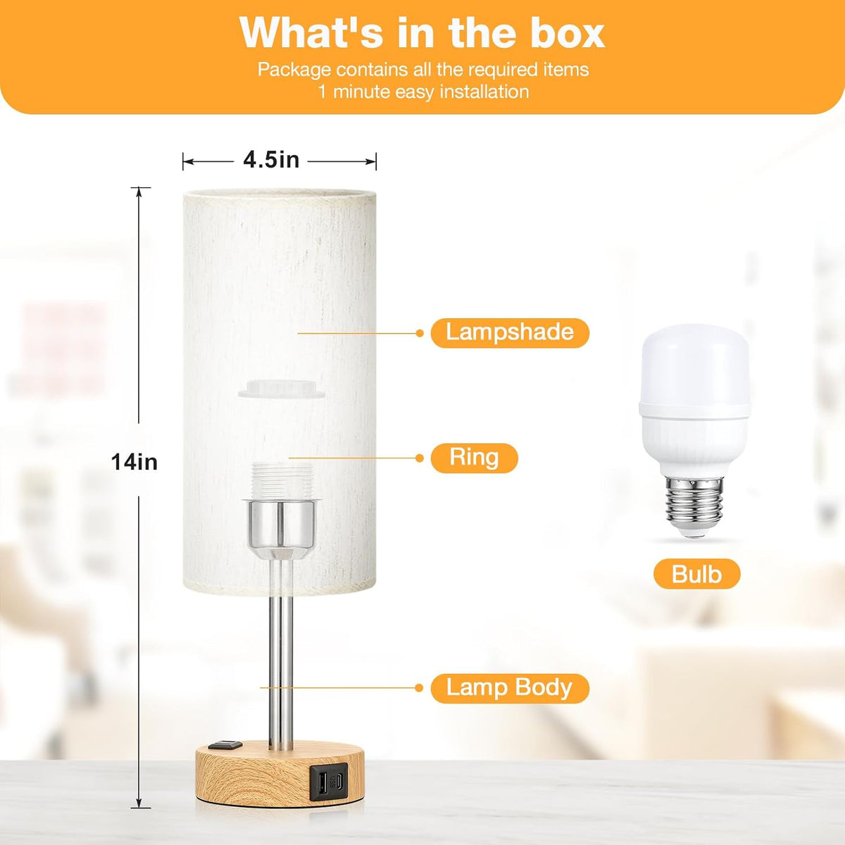 Bedside Table Lamp - Dimmable Touch, Wood-Grain Metal Base