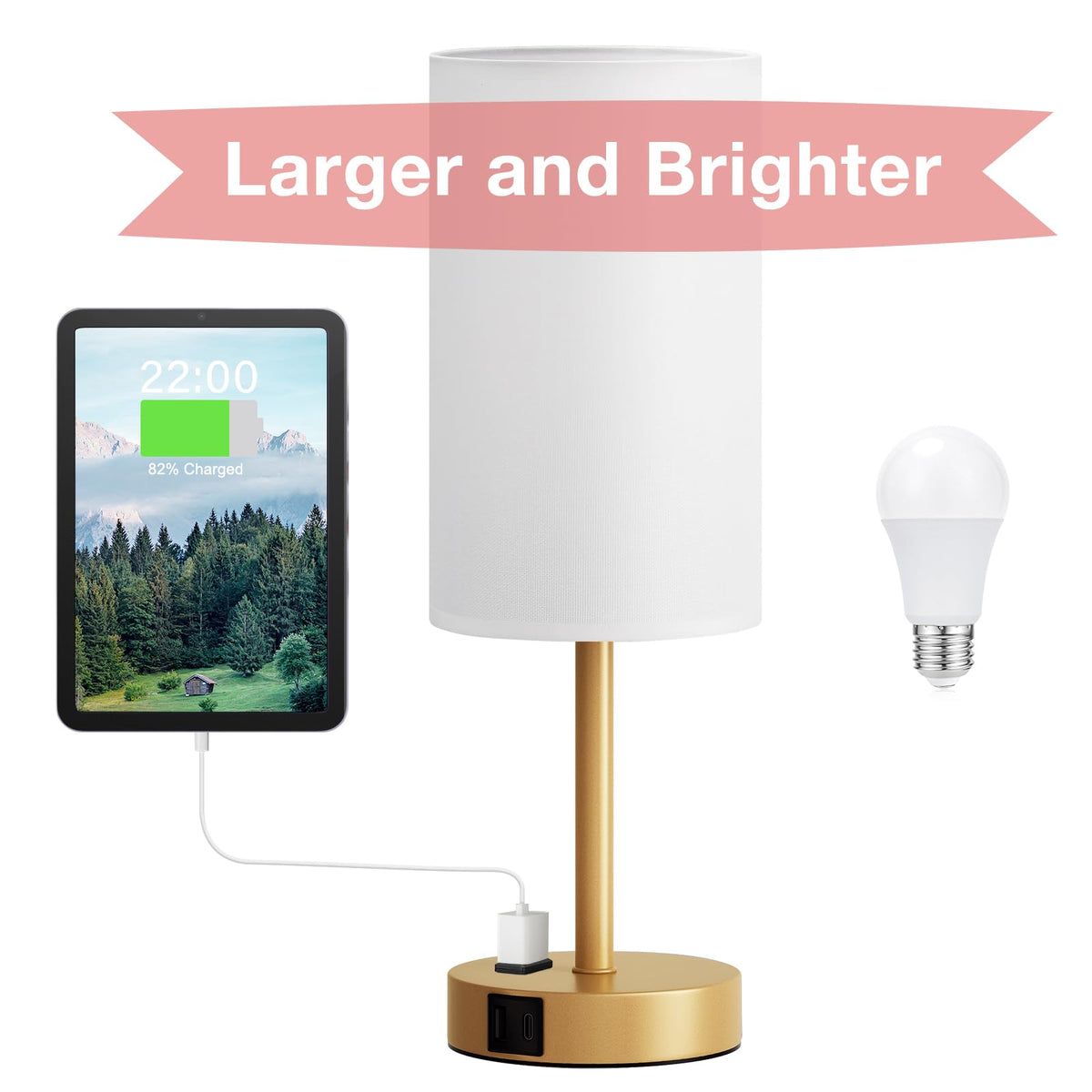 Bedside Table Lamp - Dimmable Touch, Wood-Grain Metal Base
