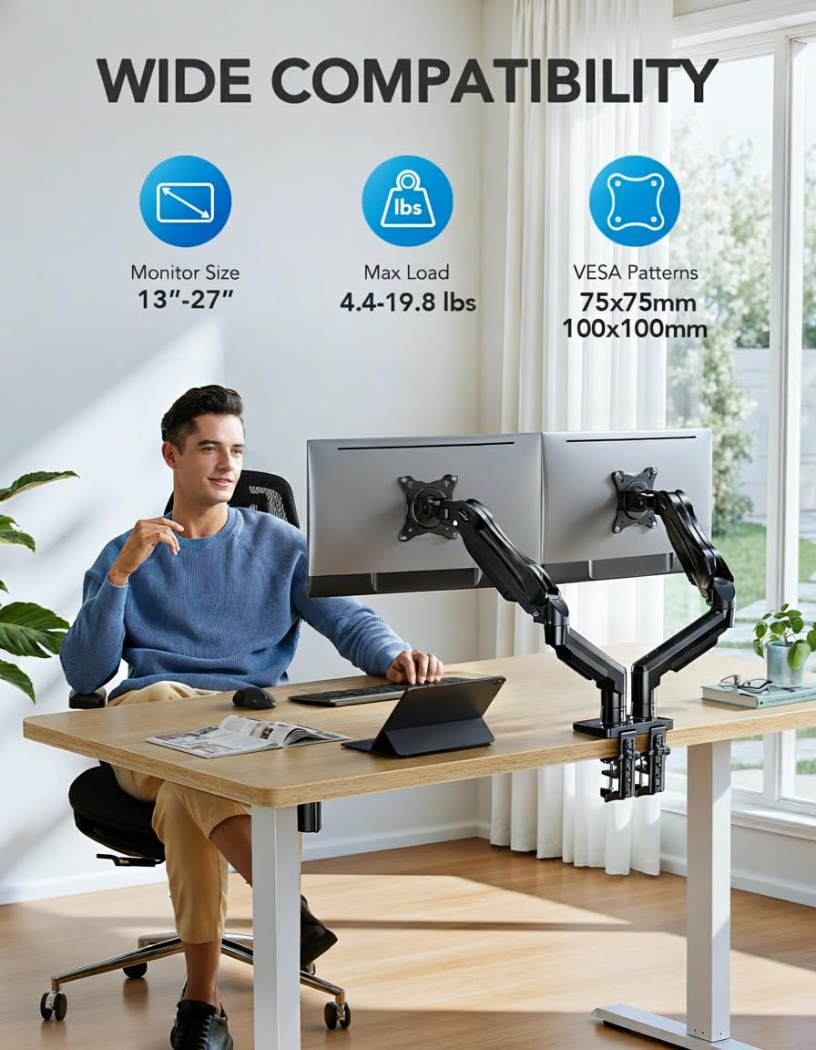 FlowLift™ Dual Monitor Stand, Fully Adjustable Gaming Desk Mount 13–32″ Screens,Each Arm Holds up to 19.8 lbs