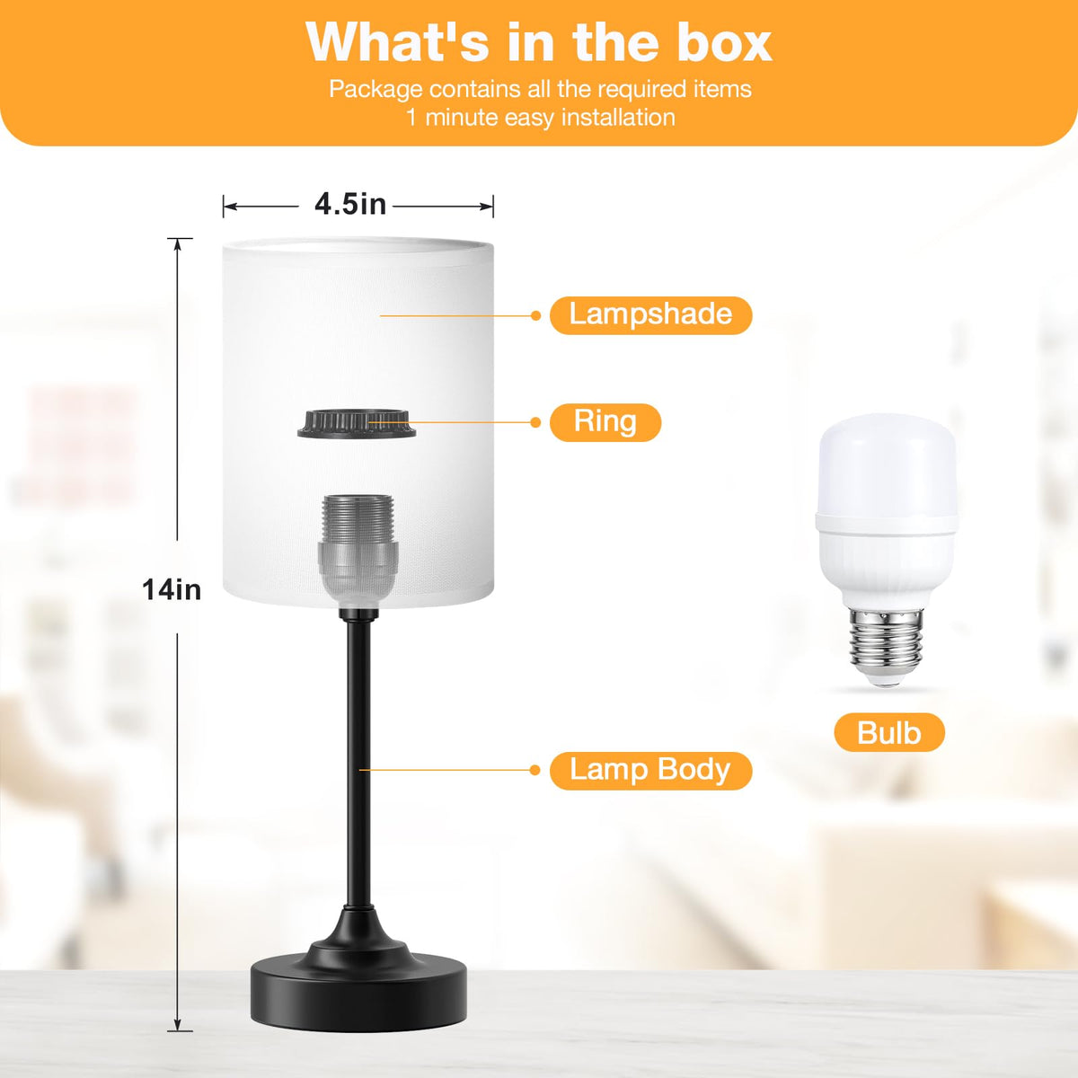 Bedside Table Lamp - Dimmable Touch, Wood-Grain Metal Base