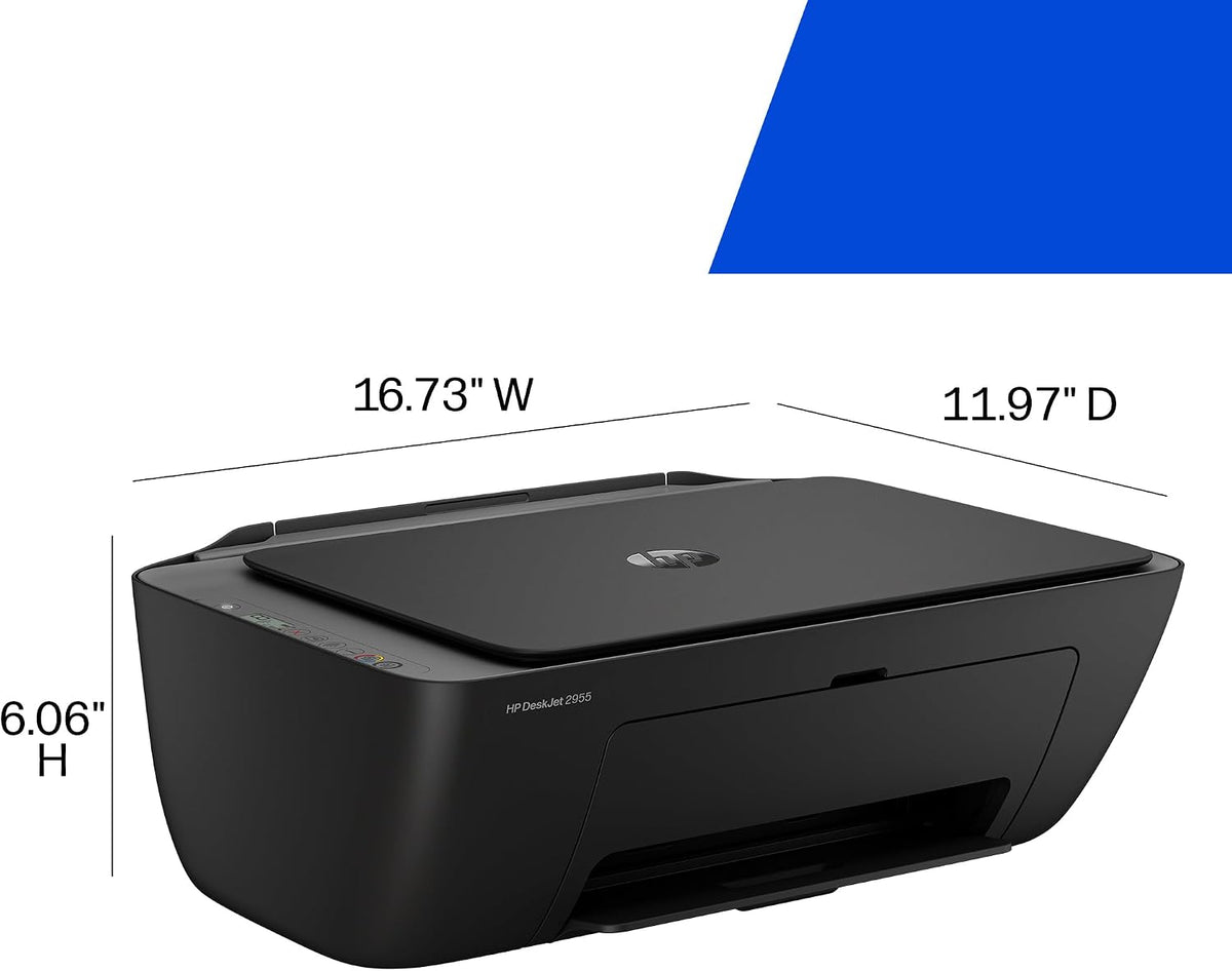 Black HP All-in-One Laser printer shown on a white background with dimension lines indicating width 16.73 inches, depth 11.