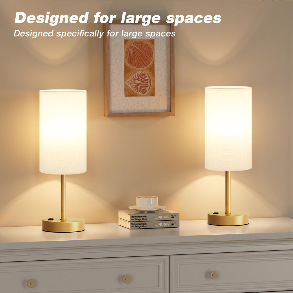 Bedside Table Lamp - Dimmable Touch, Wood-Grain Metal Base
