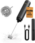 CIRCLE JOY Rechargeable Milk Frother Handheld, Dual Coil Whisk Head Electric Coffee Frother, Portable Hand Frother Wand Drink Mixer for Matcha Lattes Cappuccino, Kitchen Gifts, Black