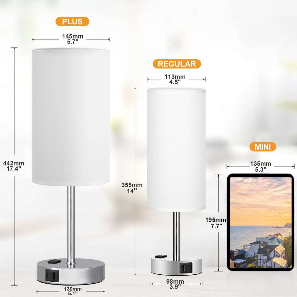 Bedside Table Lamp - Dimmable Touch, Wood-Grain Metal Base