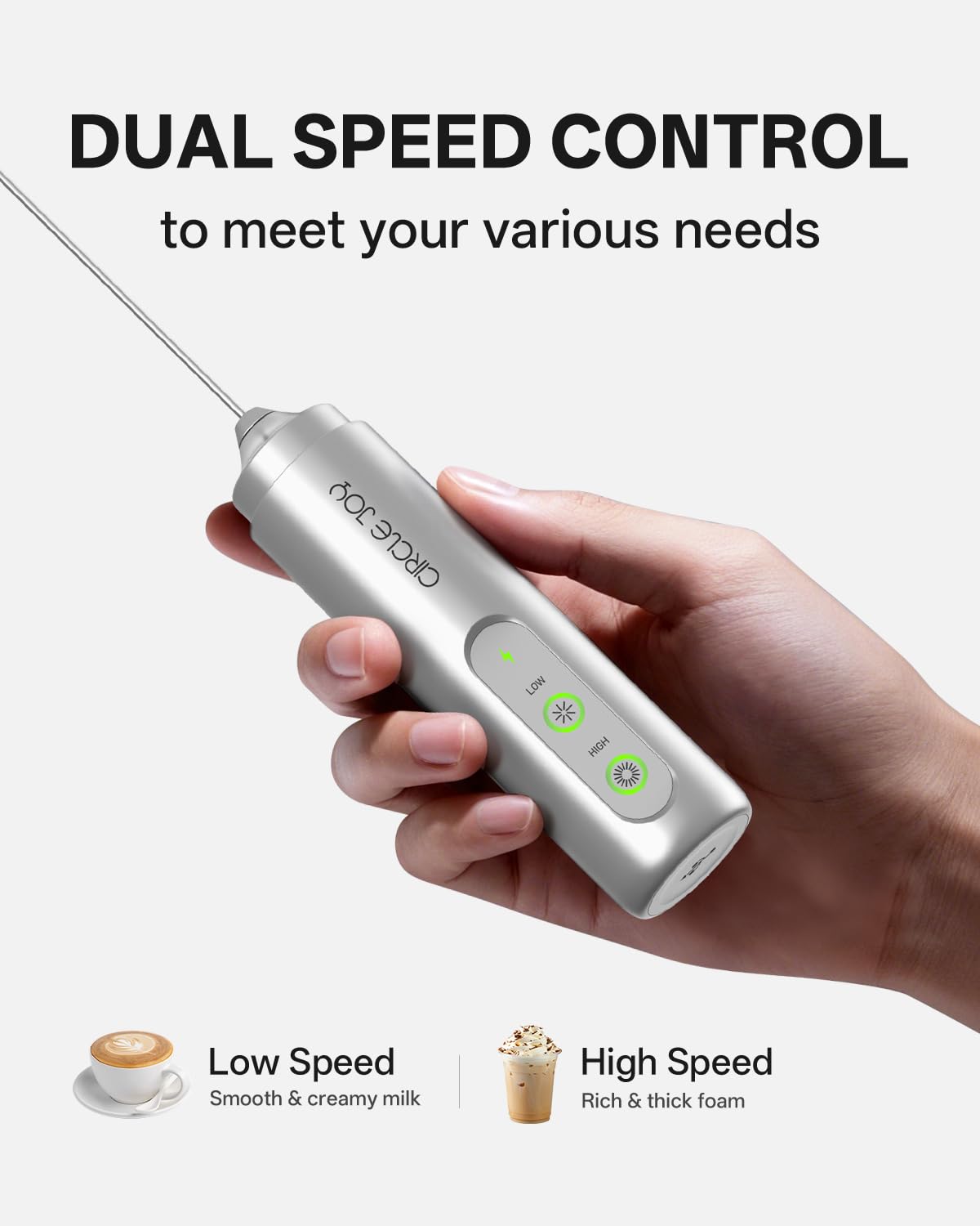CIRCLE JOY Rechargeable Milk Frother Handheld, Dual Coil Whisk Head Electric Coffee Frother, Portable Hand Frother Wand Drink Mixer for Matcha Lattes Cappuccino, Kitchen Gifts, Black