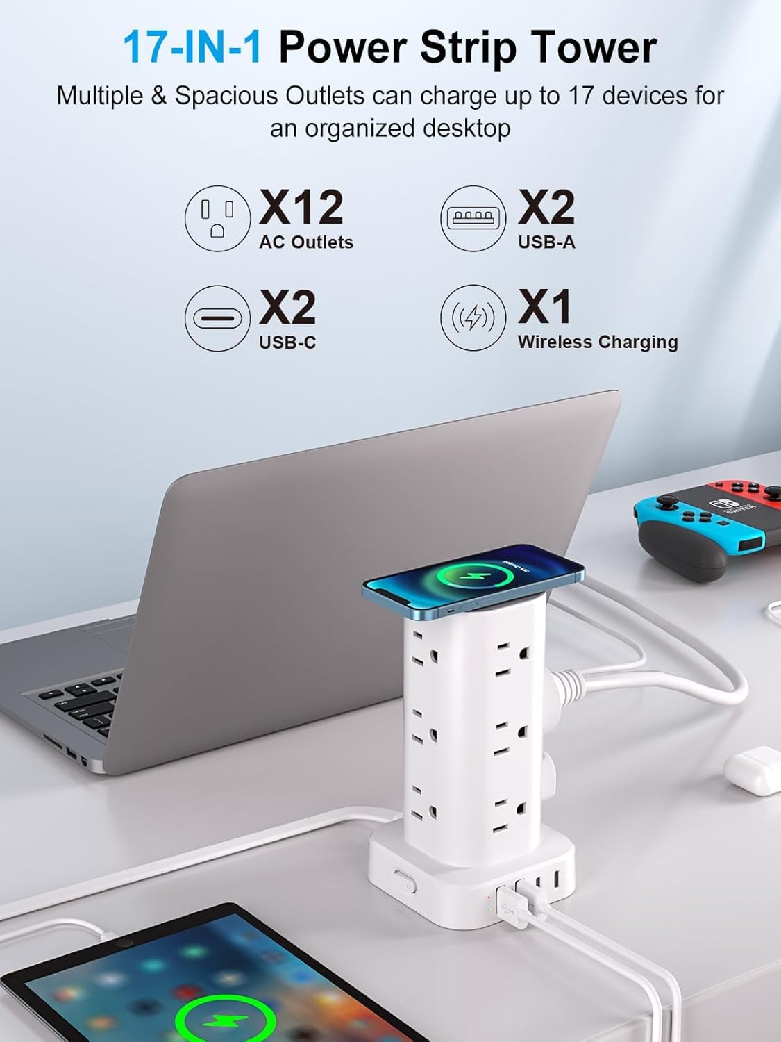 6FT Power Strip Tower Surge Protector, 12 Wide Spaced Outlets, 4 USB
