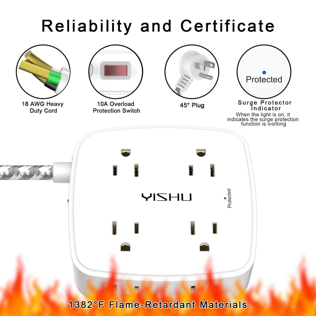 YISHU 6Ft Surge Protector Power Strip with 8 Widely Outlets & 4 USB Ports