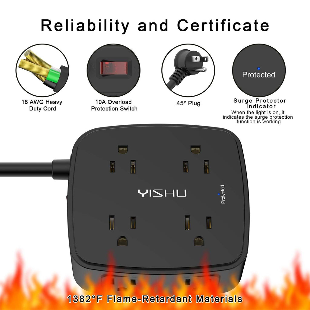 YISHU 6Ft Surge Protector Power Strip with 8 Widely Outlets & 4 USB Ports