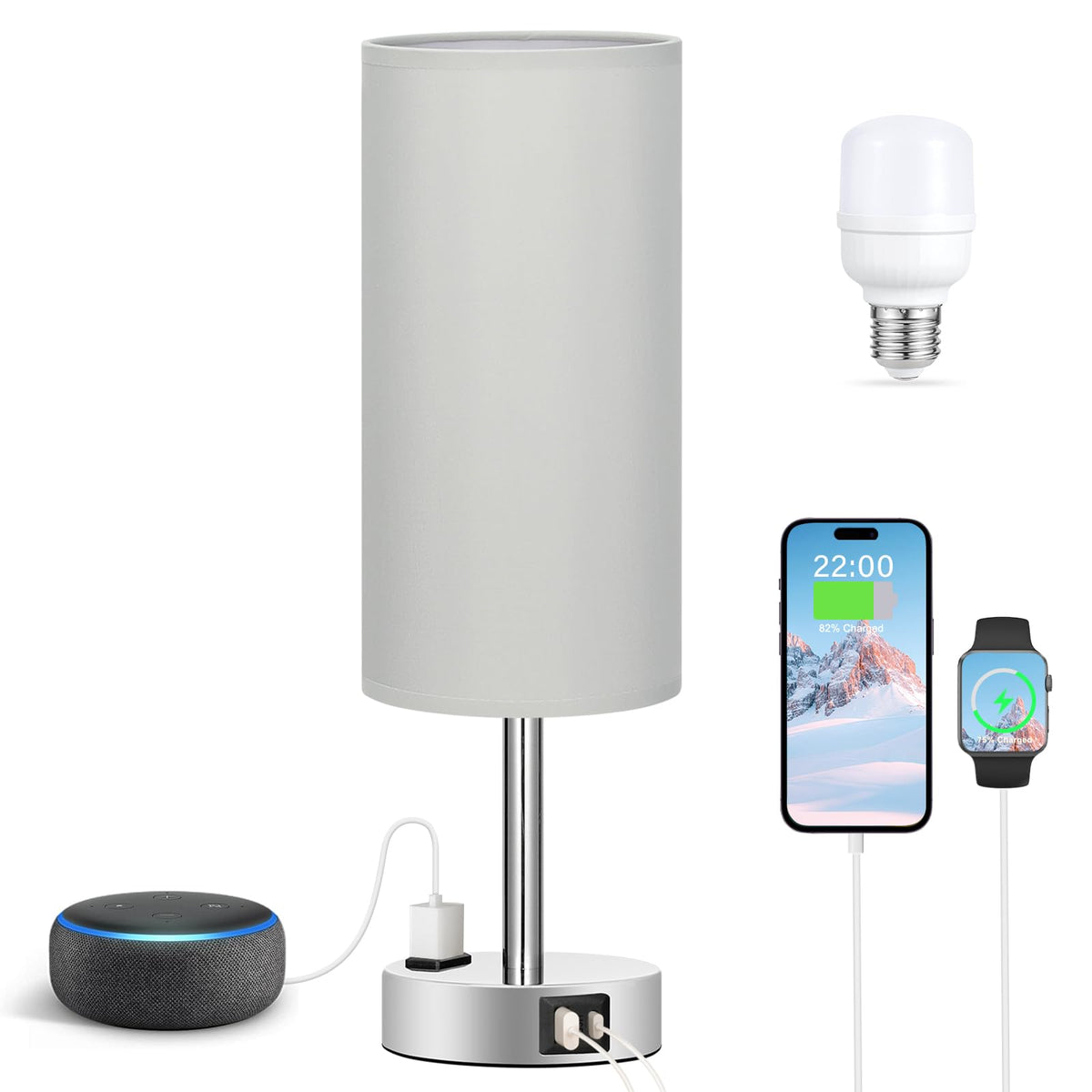 Bedside Table Lamp - Dimmable Touch, Wood-Grain Metal Base