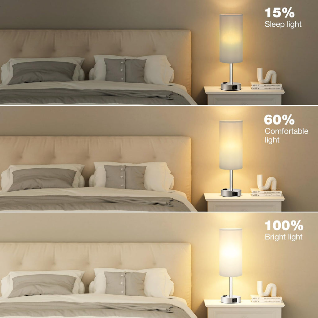 Bedside Table Lamp - Dimmable Touch, Wood-Grain Metal Base