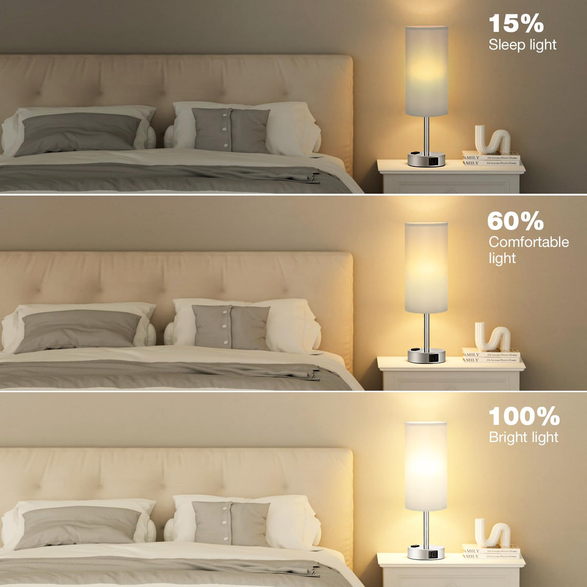 Bedside Table Lamp - Dimmable Touch, Wood-Grain Metal Base