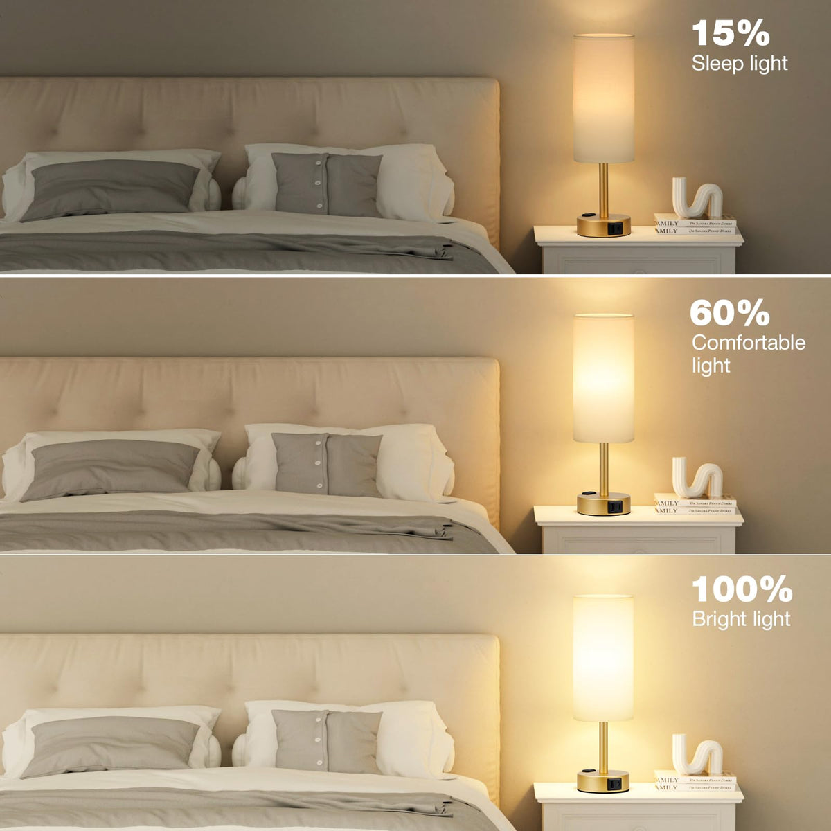 Bedside Table Lamp - Dimmable Touch, Wood-Grain Metal Base