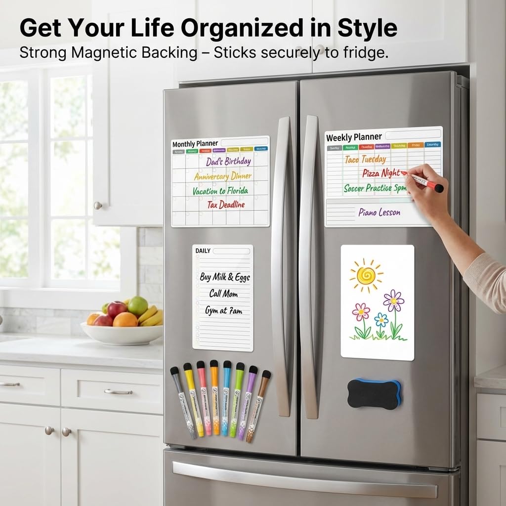 Magnetic Calendar for Refrigerator, 3-Pack |Nano-Tech Surface, 17"x12", 8 Markers & Eraser