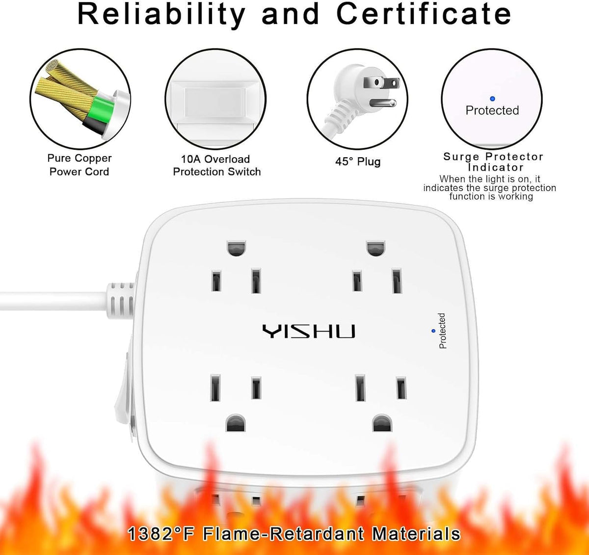 YISHU 6Ft Surge Protector Power Strip with 8 Widely Outlets & 4 USB Ports