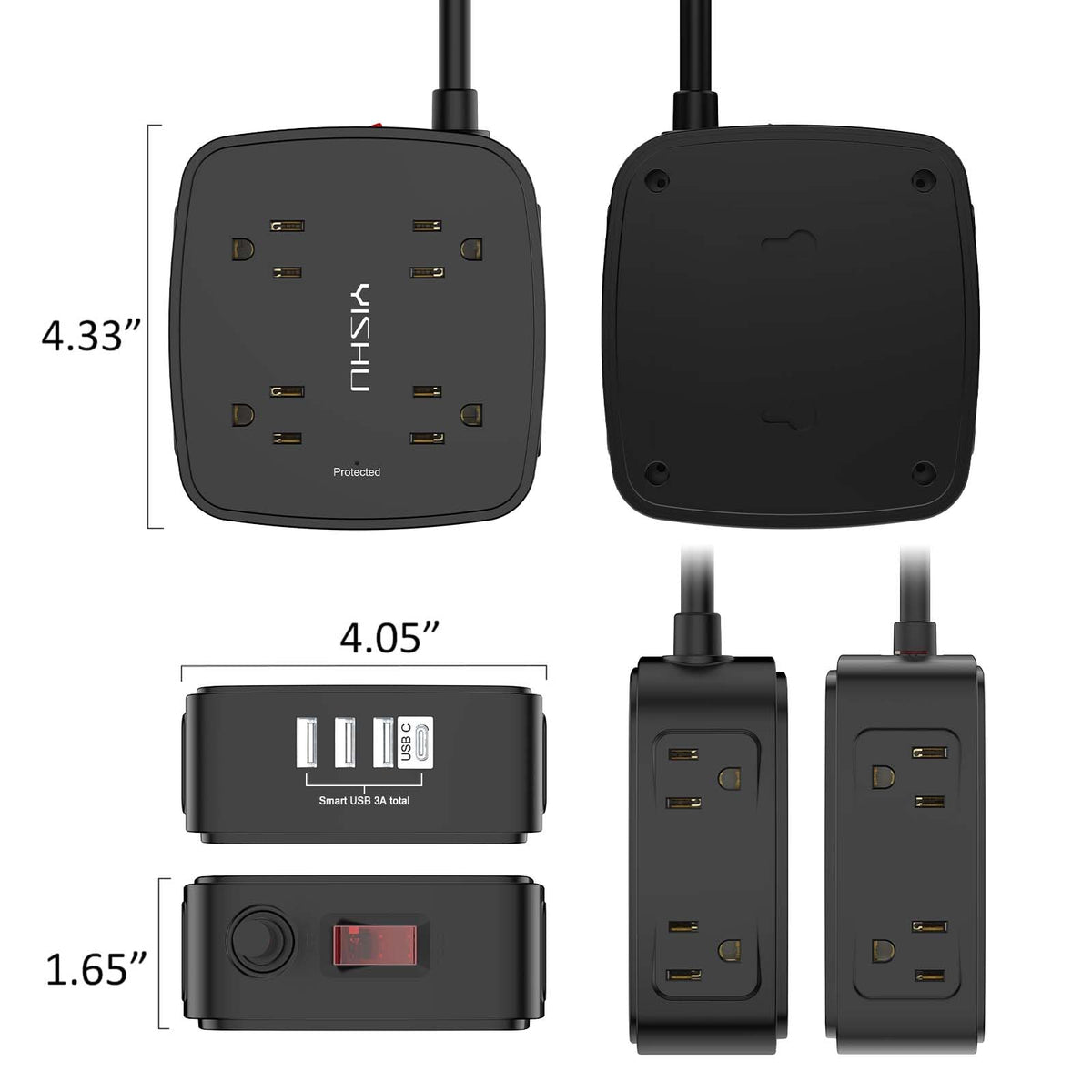 YISHU 6Ft Surge Protector Power Strip with 8 Widely Outlets & 4 USB Ports