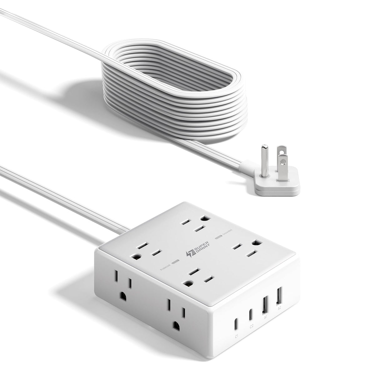 Extension Cord,Flat Plug Surge Protector Power Strip,10Ft | 8 AC & 4 USB Ports