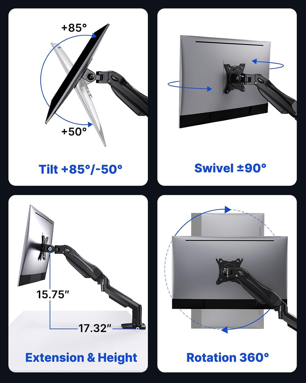 FlowLift™ Single Monitor Mount, 13 to 32 Inch Monitor Arm