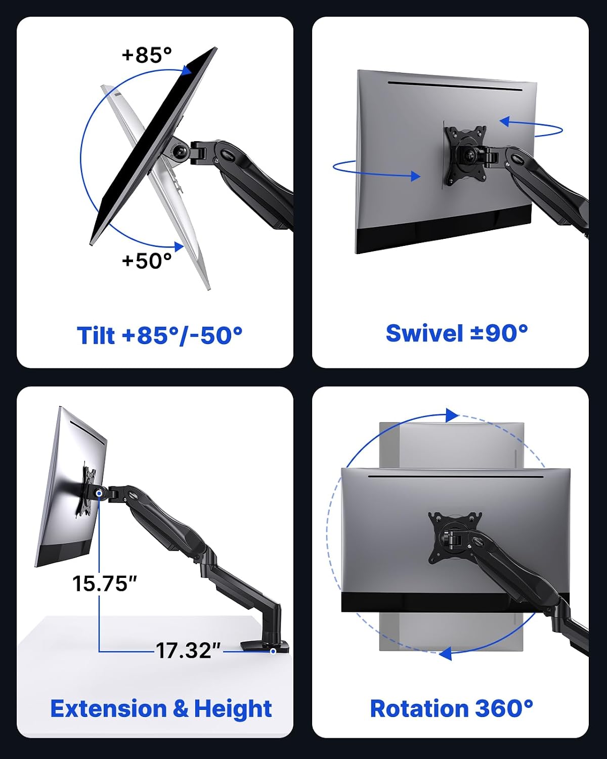 FlowLift™ Single Monitor Mount, 13 to 32 Inch Monitor Arm