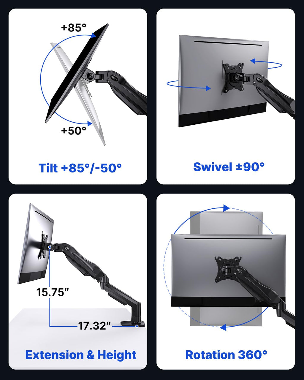 FlowLift™ Single Monitor Mount, 13 to 32 Inch Monitor Arm