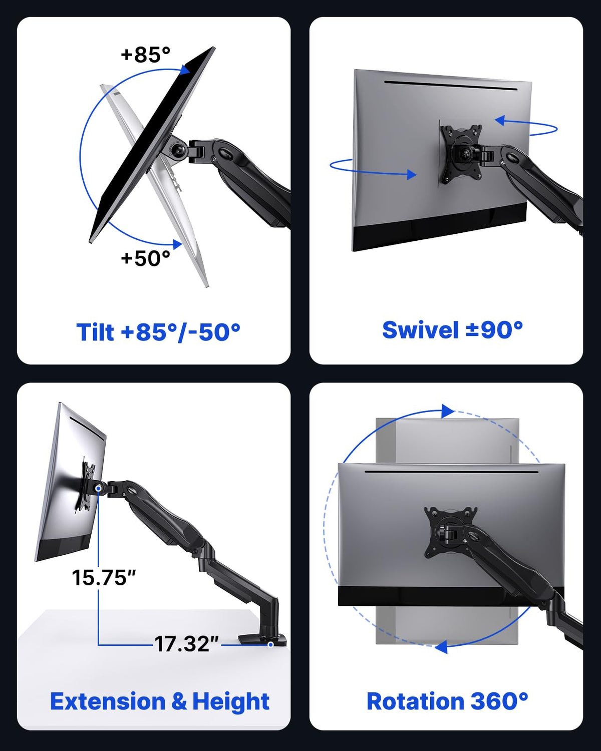 FlowLift™ Single Monitor Mount, 13 to 32 Inch Monitor Arm