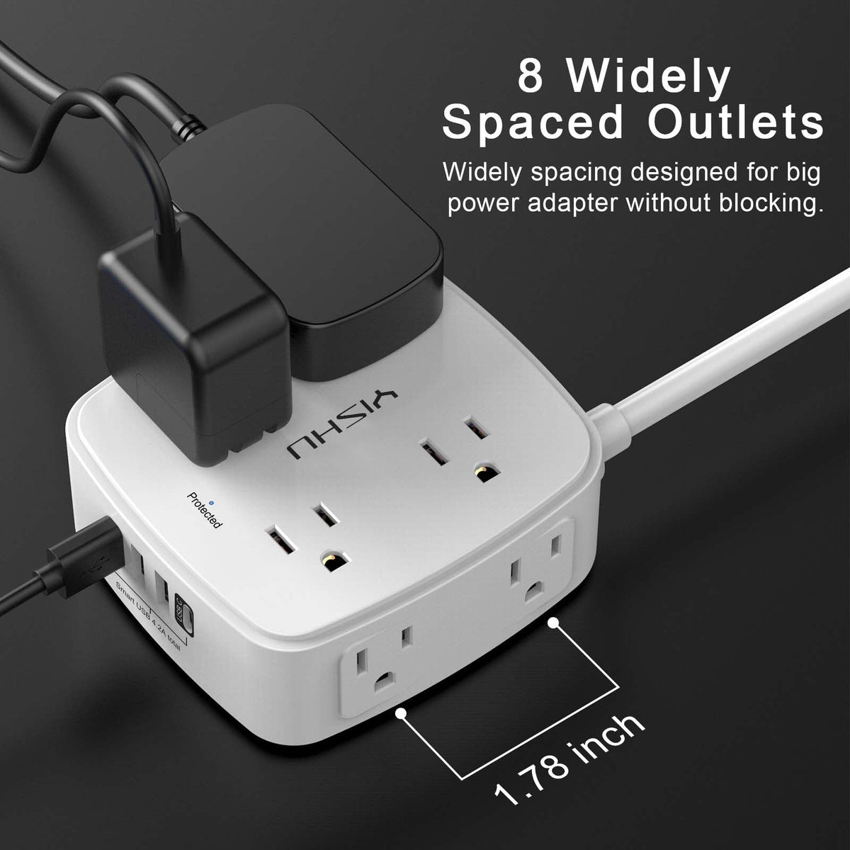 YISHU 6Ft Surge Protector Power Strip with 8 Widely Outlets & 4 USB Ports
