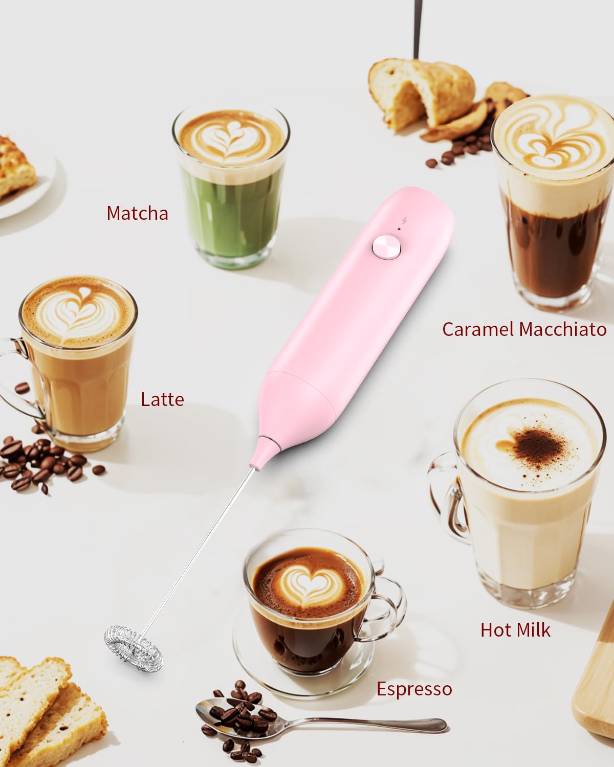 CIRCLE JOY Rechargeable Milk Frother Handheld, Dual Coil Whisk Head Electric Coffee Frother, Portable Hand Frother Wand Drink Mixer for Matcha Lattes Cappuccino, Kitchen Gifts, Black