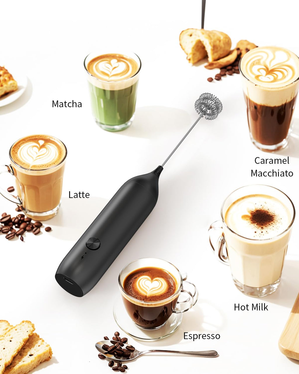 CIRCLE JOY Rechargeable Milk Frother Handheld, Dual Coil Whisk Head Electric Coffee Frother, Portable Hand Frother Wand Drink Mixer for Matcha Lattes Cappuccino, Kitchen Gifts, Black