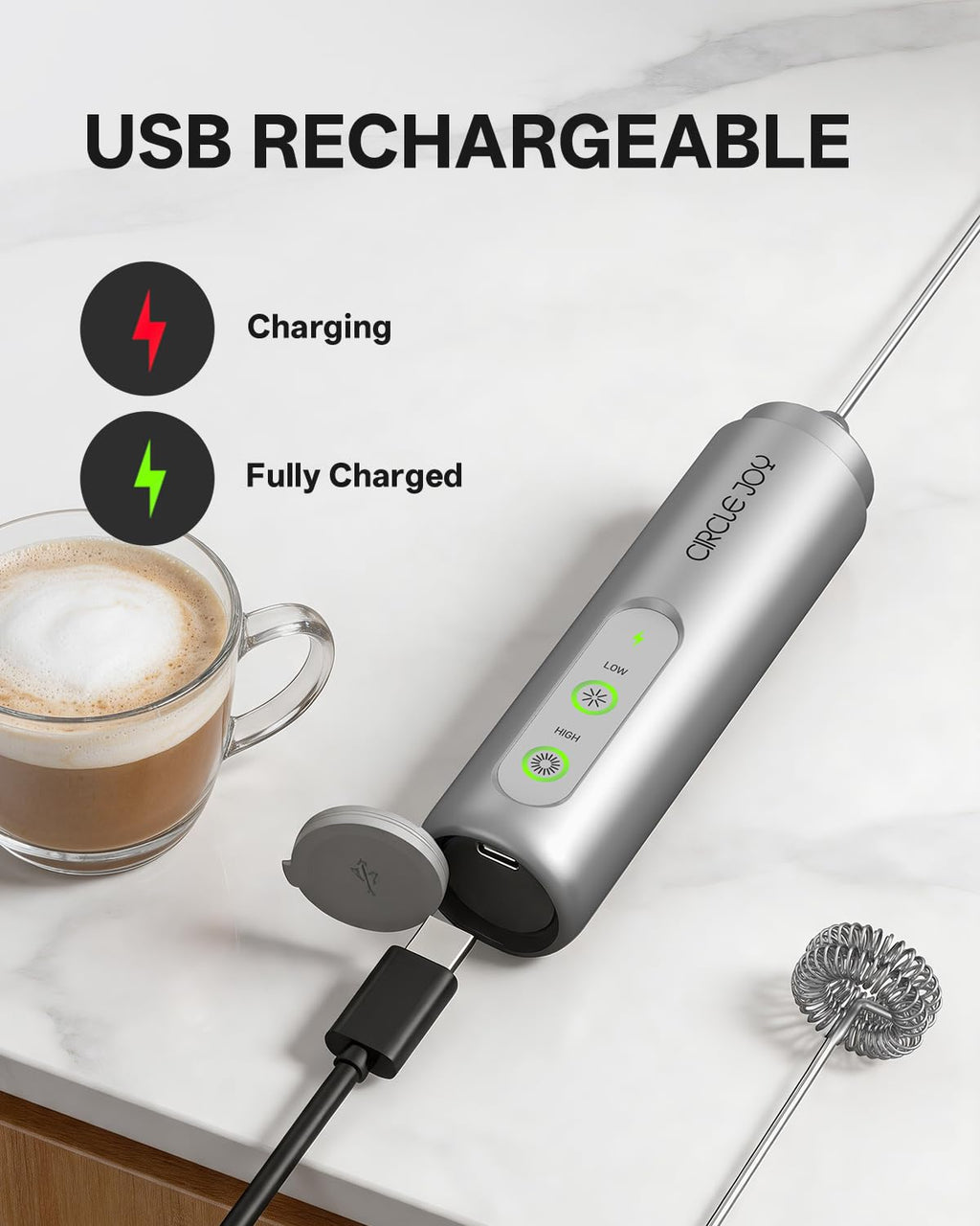 CIRCLE JOY Rechargeable Milk Frother Handheld, Dual Coil Whisk Head Electric Coffee Frother, Portable Hand Frother Wand Drink Mixer for Matcha Lattes Cappuccino, Kitchen Gifts, Black