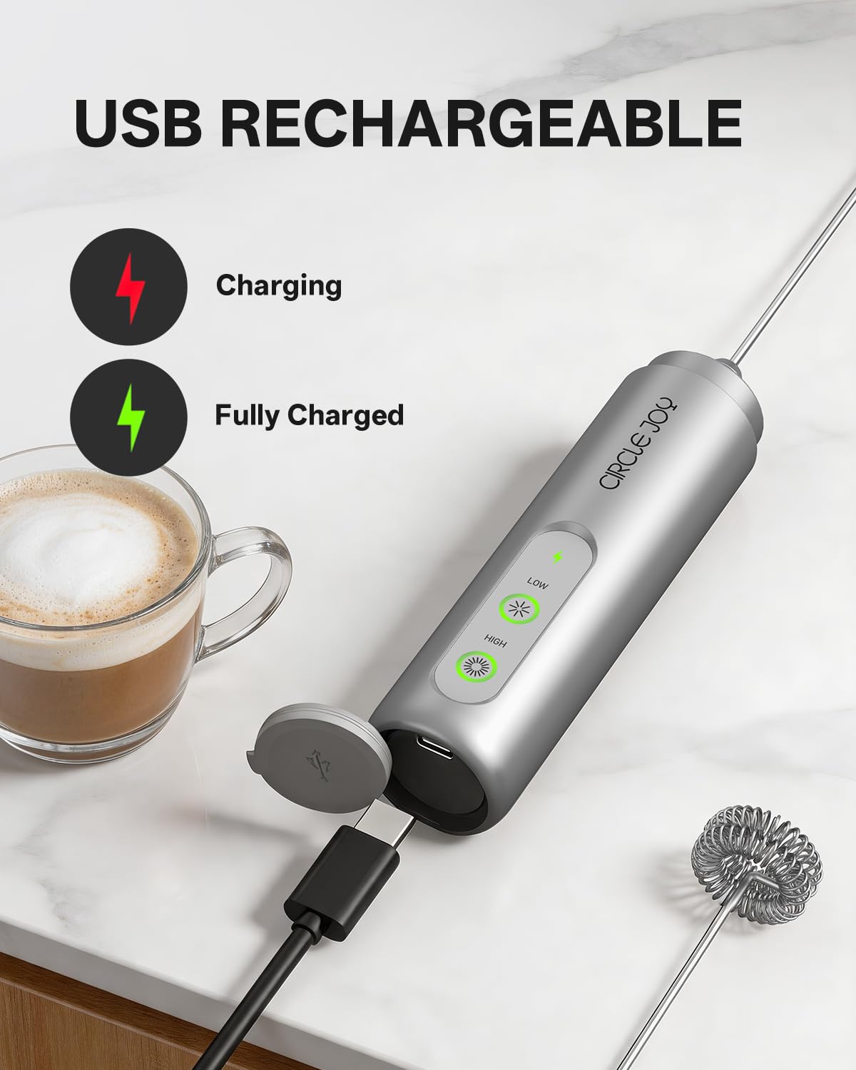 CIRCLE JOY Rechargeable Milk Frother Handheld, Dual Coil Whisk Head Electric Coffee Frother, Portable Hand Frother Wand Drink Mixer for Matcha Lattes Cappuccino, Kitchen Gifts, Black