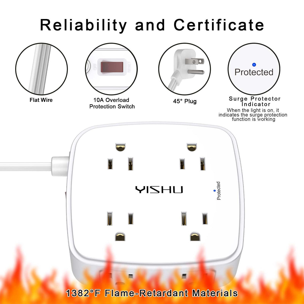 YISHU 6Ft Surge Protector Power Strip with 8 Widely Outlets & 4 USB Ports