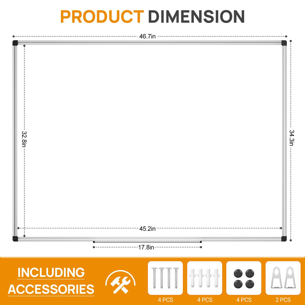 Magnetic Dry Erase Whiteboard, 46 x 33 Inch / 1 Magnetic Eraser, 2 Pens, Marker Tray, 6 Magnets