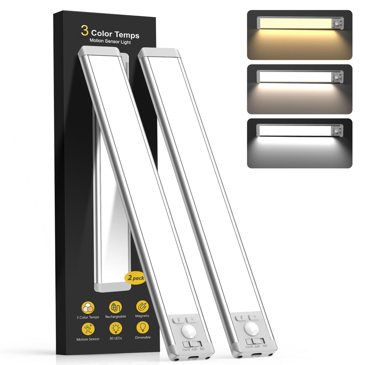2 Pack of Premium Rechargeable Motion Sensor 10 Inch Lights 5 Levels Dimmable