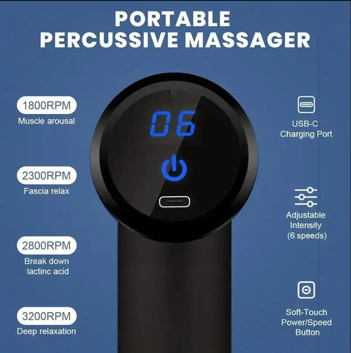 Portable percussive massager with control panel and specifications on a blue background