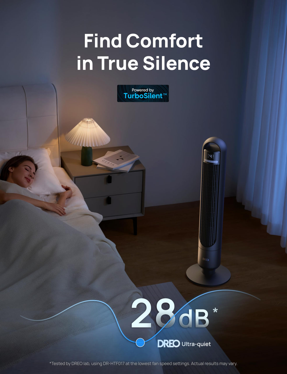 DREO Tower Fan for Bedroom, 25ft/s Velocity, 28dB Ultra Quiet, 4 Speeds