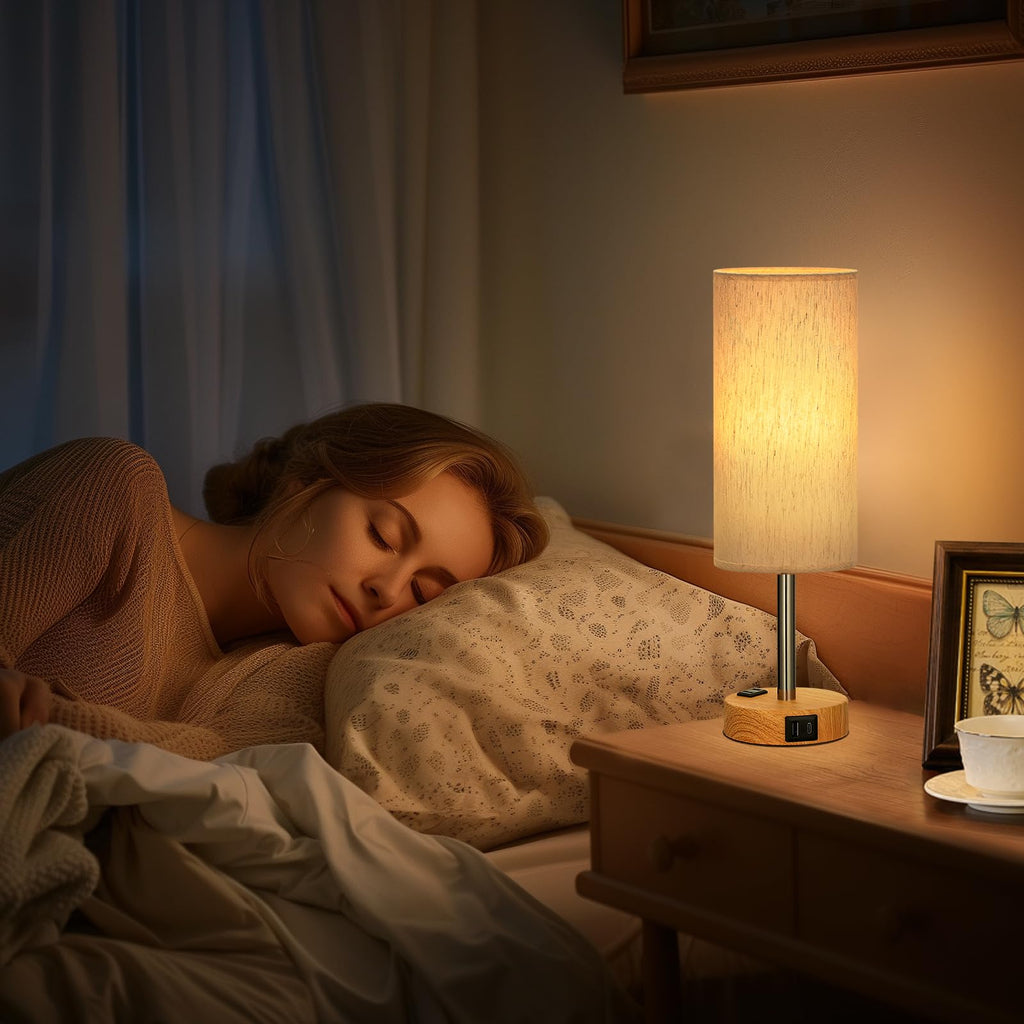 Bedside Table Lamp - Dimmable Touch, Wood-Grain Metal Base