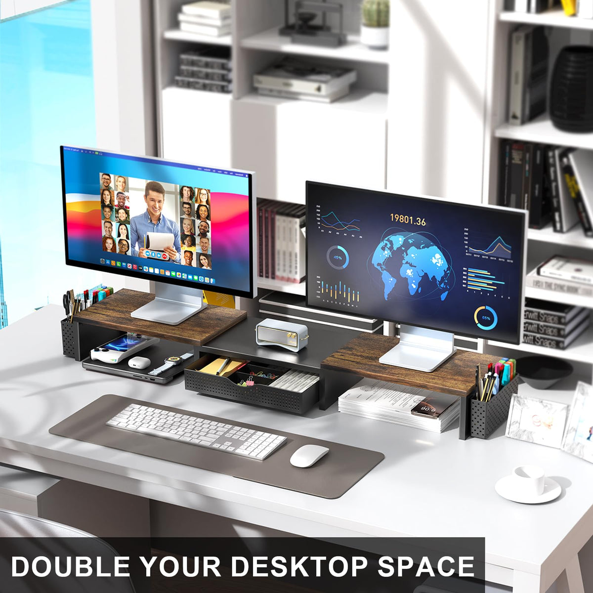 Dual Monitor Stand Riser with Storage Drawer & Pen Holders