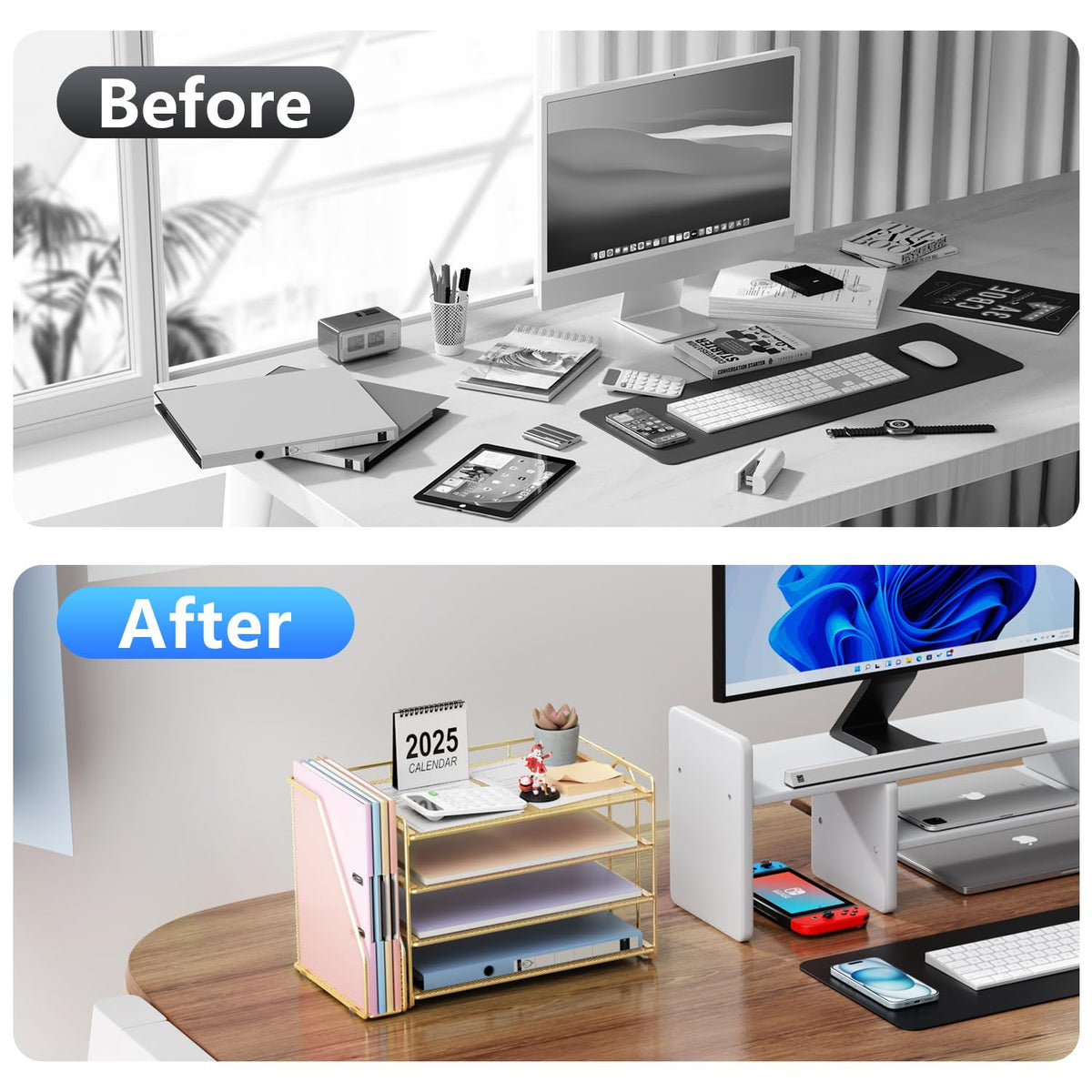 Paper Organizer With Magazine Holder | (Black, 4-Tier)