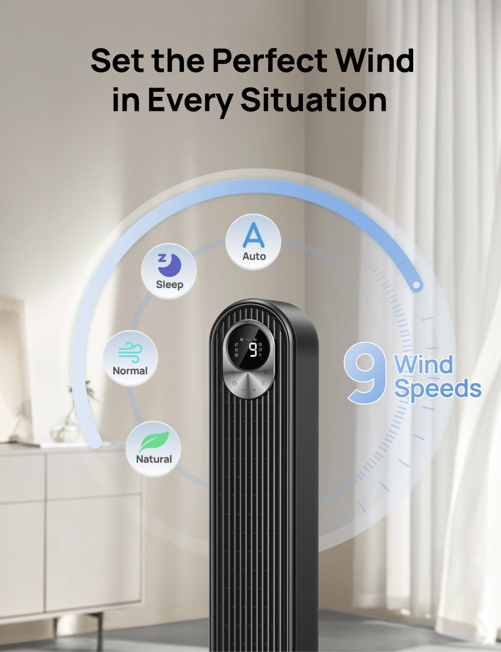 DREO Tower Fan for Bedroom, 25ft/s Velocity, 28dB Ultra Quiet, 4 Speeds