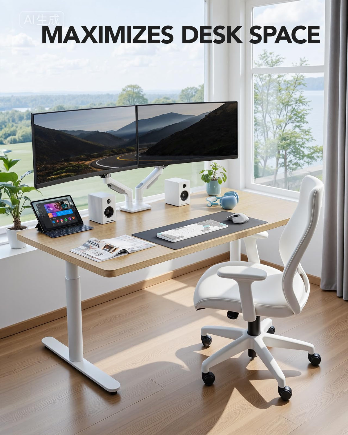 FlowLift™ Dual Monitor Stand, Fully Adjustable Gaming Desk Mount 13–32″ Screens,Each Arm Holds up to 19.8 lbs