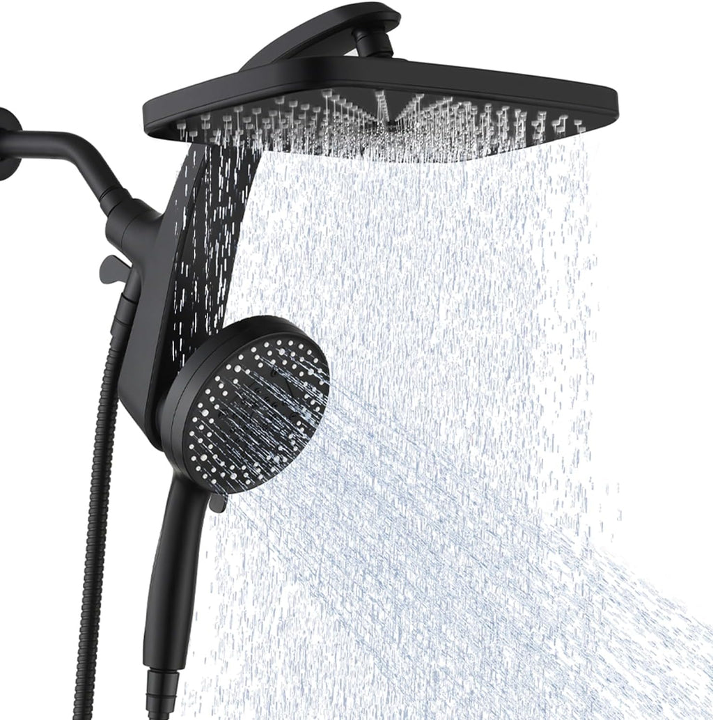 Black shower head with rain and handheld spray on a white background